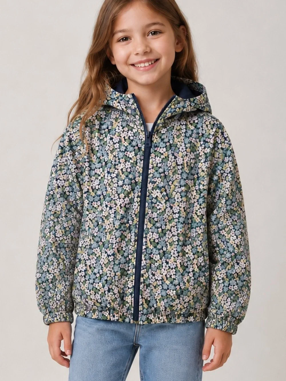 GAP Girls Floral Hooded Rain Jacket - Navy, Green, White